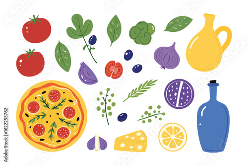 Culinary ingredients: A colorful assortment of fresh, vibrant pizza components and accompanying ingredients. A feast for the eyes and a promise of deliciousness.