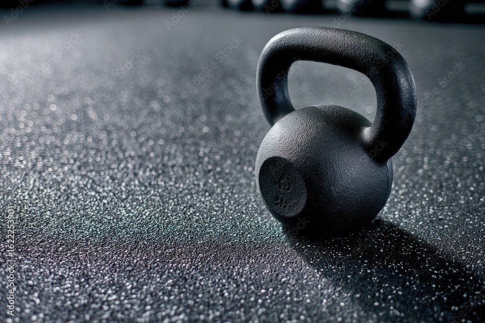 Fototapeta premium Close-up of a dark kettlebell on a gym floor