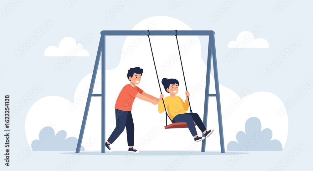 Fototapeta premium Boy Pushing a Smiling Girl on a Swing Set Outdoor Playtime Fun