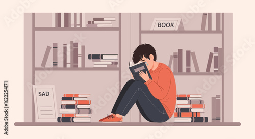 Boy Read Book Alone Sadness In Library Cartoon Style Mental Health
