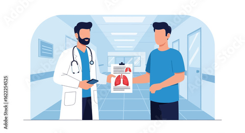 A doctor explains lung test results to a male patient in a hospital corridor.