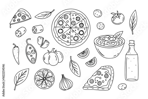 Delicious Pizza and Ingredients: A delightful array of pizza and its fresh ingredients, perfect for culinary projects and design elements. Explore a mouthwatering scene of pizza elements