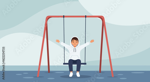 Boy Relaxing On A Swing Set Outdoors Enjoying Peaceful Time Alone