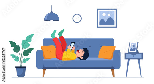 Boy Relaxing On Sofa Using Smartphone At Home Modern Interior Vector Illustration