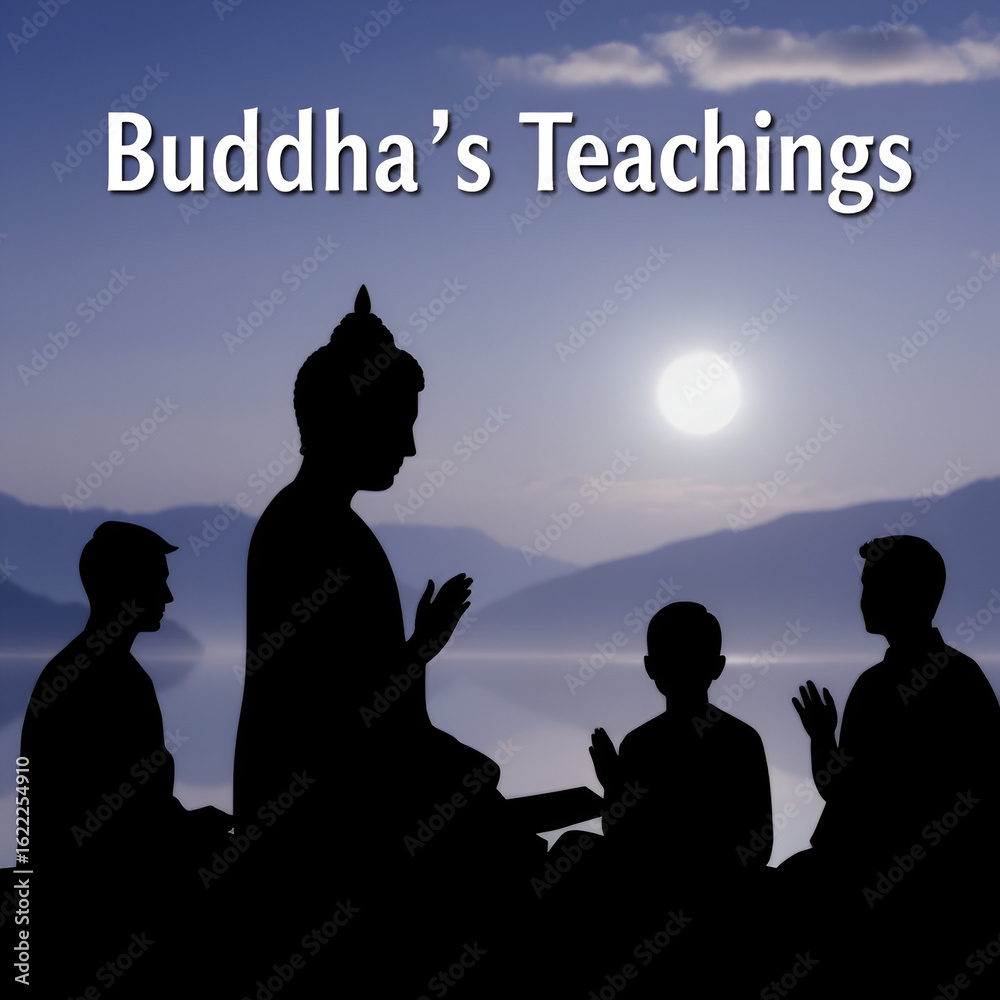 Fototapeta premium Buddha's Teachings, a serene silhouette of Buddha imparting wisdom to devoted disciples against a tranquil backdrop, embodying spiritual enlightenment.