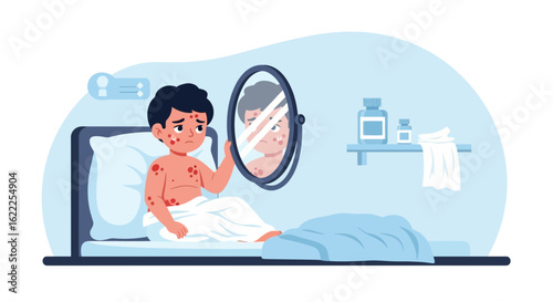 Boy Sick With Rash Looks In Mirror With Sadness And Frustration