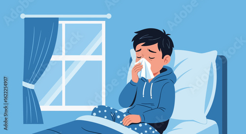 Boy Sits In Bed Blowing His Nose Suffering From Cold Or Allergy