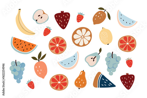 Fresh Fruits Galore: A vibrant assortment of fresh, juicy fruits arranged in a visually appealing, illustration, perfect for evoking feelings of health and freshness.