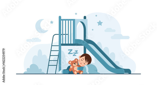 Boy Sleeping With Teddy Bear On The Playground Under The Night Sky
