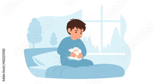 Boy Suffering From Illness Embracing a Hot Water Bottle For Warmth