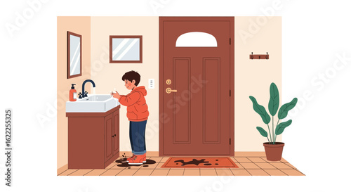 Boy Washing Hands After Playing Outside Wearing Muddy Boots At Home