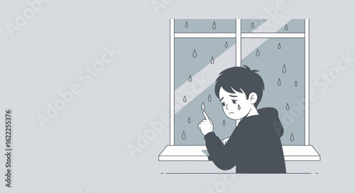 Boy Watches Rain Outside The Window Feeling Sad And Lonely Emotion