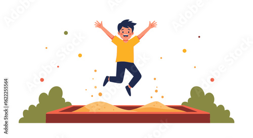 Boyish Joyful Jumping Above Sandbox In Playground Surrounded By Green Shrubs