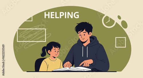 Brother Or Tutor Helping Little Sister With Homework Assignment At Home
