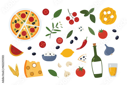 Pizza and Italian Cuisine Components: An appetizing illustration of Italian culinary essentials, a visual feast of authentic ingredients for a variety of delicious food