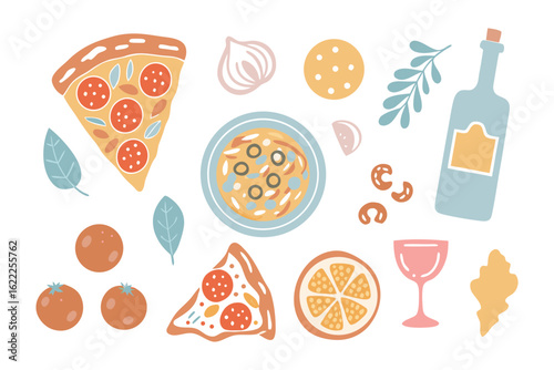 Italian Culinary Delight: An appetizing assortment of Italian culinary elements comes to life in a digital art representation, including slices of pizza, tomatoes, garlic, herbs, olives and wine
