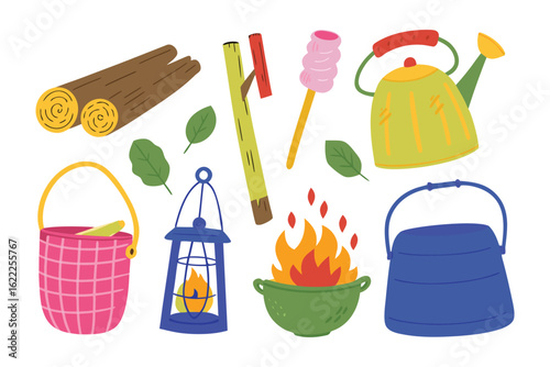 Campfire and Outdoor Elements: A collection of essential objects for a memorable outdoor experience, evoking a sense of adventure and exploration.