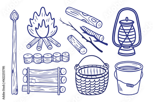 Camping Essentials: A collection of essential camping equipment, including a campfire, logs, and a lantern, set against a clean backdrop. evoking a sense of adventure and outdoor exploration.