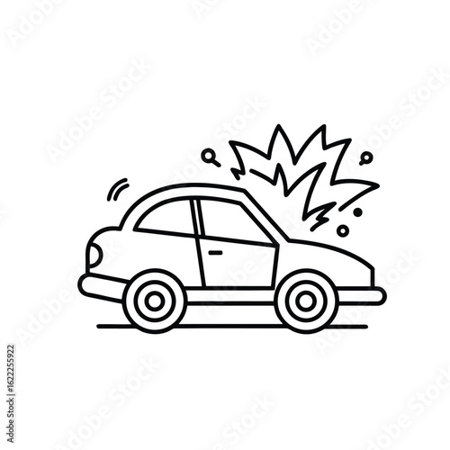 Car accident icon with explosion and sound waves 
A stylized line drawing of a car experiencing a sudden impact, depicted with an explosion and sound waves emanating from the collision.