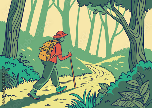Winding Forest Hiker’s Trail Through Dense Trees and Lush Greenery