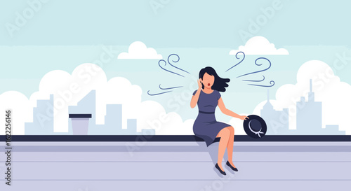 Businesswoman Takes a Call From Rooftop With Cityscape And Strong Wind