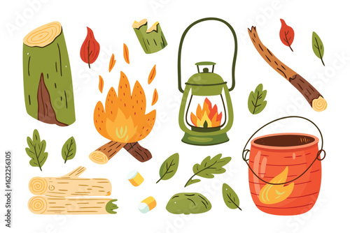 Camping Essentials: A vibrant illustration of camping essentials, including a campfire, lantern, and other outdoor elements, perfect for outdoor adventure and wilderness activities.