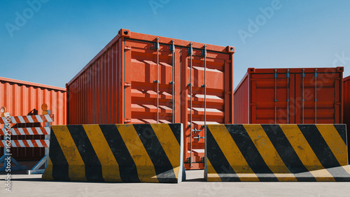 Trade Barrier Concept with Blocked Shipping Containers. 3d rendering
