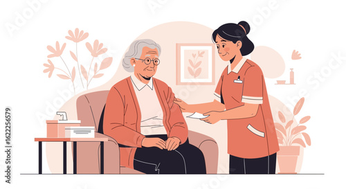 Caring Home Nurse Assisting Senior Woman Sitting in Chair and Giving Documents