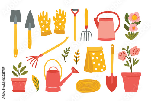Gardening Toolkit: A colorful array of essential gardening tools, featuring shovels, trowels, gloves, rakes, watering cans, and potted plants, perfect for nurturing a thriving garden.