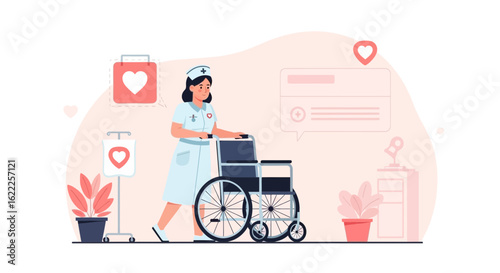 Caring Nurse Assistant Pushing Wheelchair in Hospital Hallway Illustration