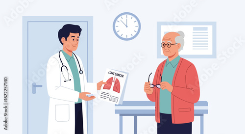 Doctor showing lung illustration to senior male patient in a clinic setting, discussing respiratory health and diagnosis.