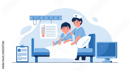 Caring Nurse Comforting A Sick Child In Hospital Bed Illustration