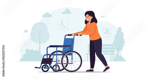 Caring Woman Pushing an Empty Wheelchair in Peaceful Park Environment