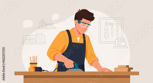 Carpenter With Safety Glasses Using A Sanding Machine On A Wooden Plank