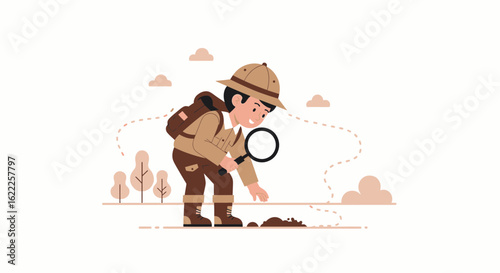 Cartoon Explorer Unearthing Secrets With Magnifying Glass In Minimalist Nature Scene