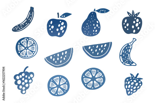 Drawn Fruit Selection: A whimsical collection of fresh, vibrant, and illustrative fruit illustrations featuring a variety of healthy and colorful food perfect for dietary concept.