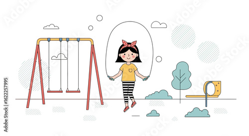 Cartoon Girl Playing At The Playground With Jump Rope On A Sunny Day