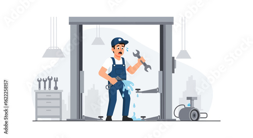 Cartoonish Car Mechanic Experiencing Hydraulic Malfunction In Auto Repair Shop