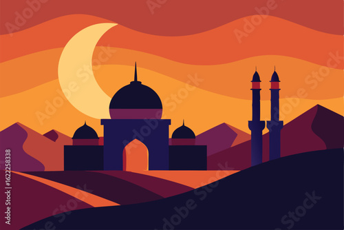 desert landscape featuring a mosque at sunset with (1).eps