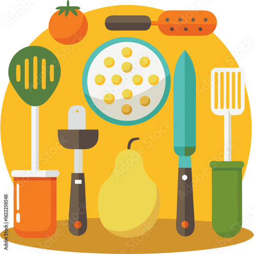 Potato cooking tools set (peeler, masher, fryer) in flat vector style
