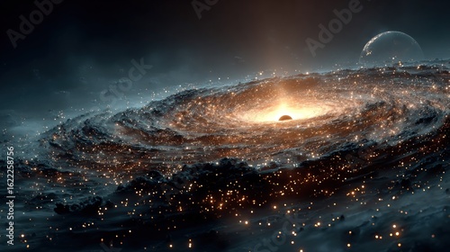 Cosmic spiral galaxy, illuminated by a bright central core, with a distant planet and nebulae.