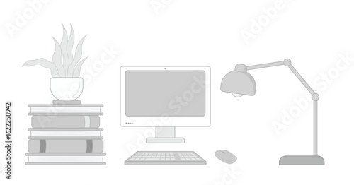 Minimalist Office Desk Setup with Books, Plant, Computer, and Lamp – Isolated on Transparent Background