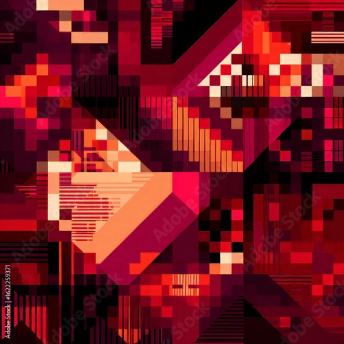 Abstract Geometric Pixelated Design In Red And Pink Colors