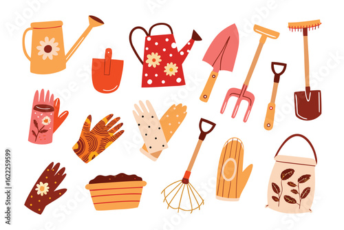 Gardening Tools Collection: a vibrantly illustrated compilation of essential gardening tools and accessories, showcasing a spectrum of garden equipment for cultivating and nurturing plant life.