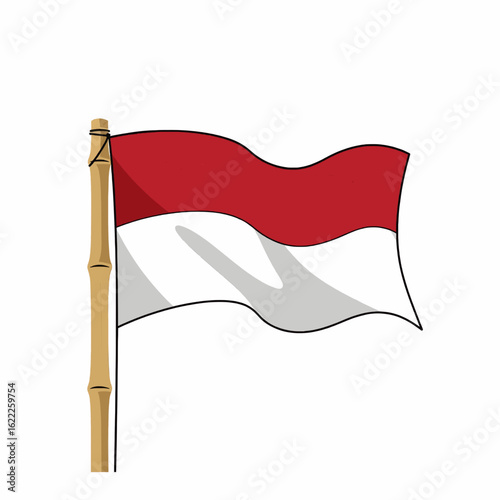 Red and White Indonesian Flag Waving on Bamboo Pole