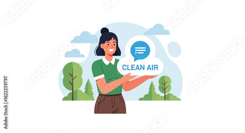 A smiling woman holding a speech bubble promoting clean air, with a green environment in the background.