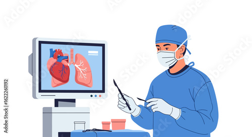Surgeon in scrubs and mask holding surgical tools, with a monitor displaying a heart and lungs diagram.