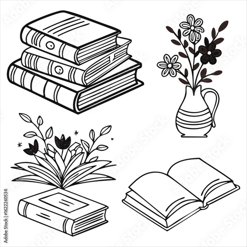 Stacked books open book vase with flowers and floral arrangement reading learning