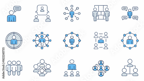 Illustration of various organizational structures and communication methods with people icons shown