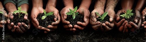 Children's hands holding young plants in soil.